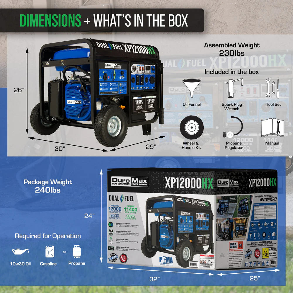 DuroMax XP12000HX 9500W/12000W Gasoline Propane Dual Fuel Generator with CO Alert Electric Start New