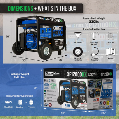 DuroMax XP12000HX 9500W/12000W Gasoline Propane Dual Fuel Generator with CO Alert Electric Start New